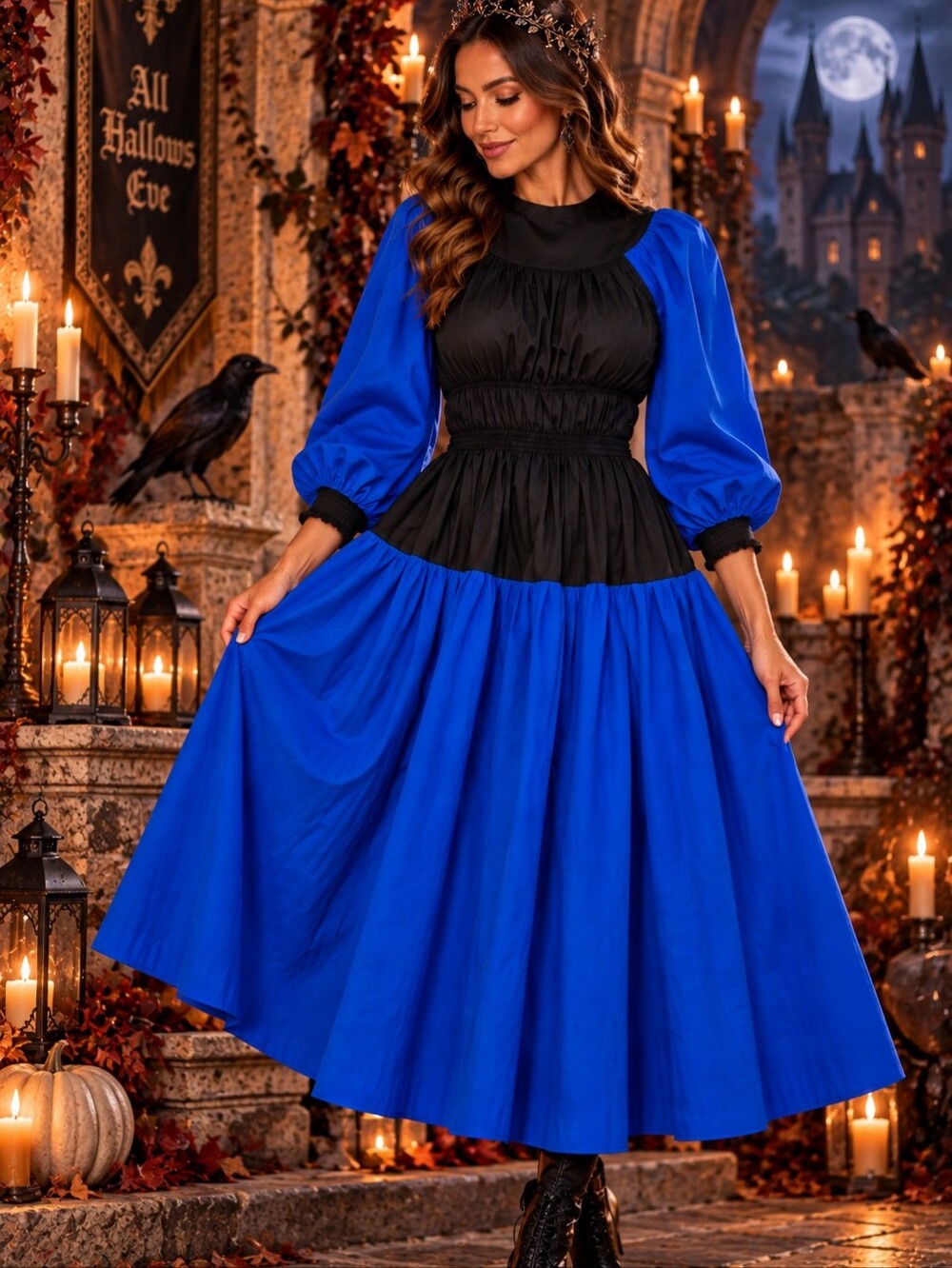 Great For Halloween Or Renaissance! Heyson Blue Contrast Cotton Midi Dress